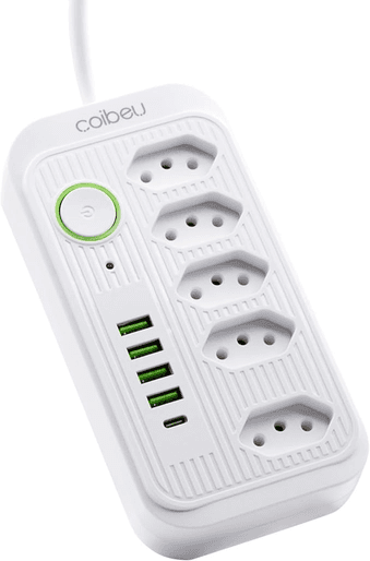 Imagem da oferta Extensão Tomada, Régua Tomada, Régua de Energia, 5 Tomadas, 4 Interfaces USB, 1 Porta USB Tipo-C, Cabo de Alimentação de 1,9 metros, Suporte a Tensão de 110-220V, Potência de 2500W (Branco)