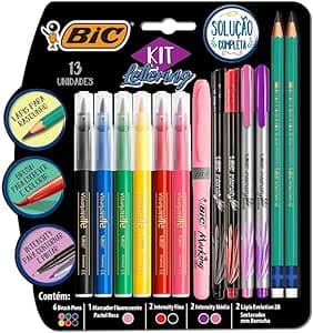 Imagem da oferta Kit Lettering BIC, c/ 6 Brush Pens + 1 Pincel Marcador Pastel Rosa + 2 Intensity Ponta Fina + 2 Intensiy Ponta Média + 2 Lápis Pretos, 971080, Multicor