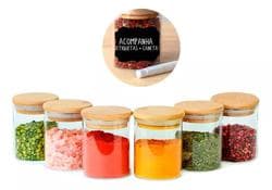 Imagem da oferta Kit com 6 Potes Organizadores de Vidro de 200ml 4Fitness, Tampa em Bambu, Vedação Hermética, Porta Temperos, Acompanha Etiquetas e Caneta