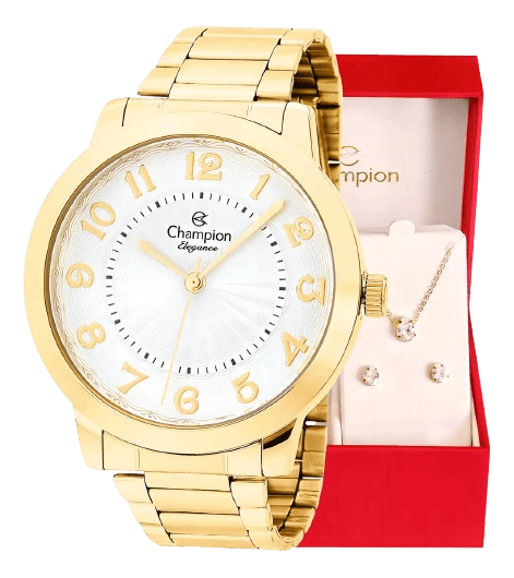 Imagem da oferta Relógio Feminino Champion CN25118W Fundo Branco + Kit Colar e Brincos