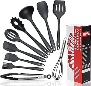 Imagem da oferta LUMAI Kit 10 Utensílios de Cozinha em Silicone e Aço Inox, Resistentes ao Calor e Antirriscos, Não Arranham Panelas, Conjunto Acessórios de Cozinha Completo com Espátula, Pegador, Concha, Colher Preto