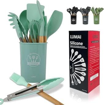 Imagem da oferta Kit 12 Utensílios De Cozinha Em Silicone E Cabo De Madeira Lumai (azul)
