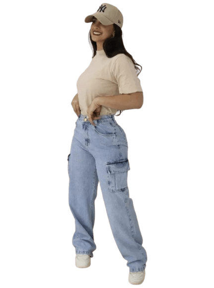 Imagem da oferta Calça Jeans Feminina Cargo Levanta Bumbum Cintura Alta