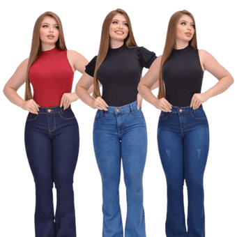 Imagem da oferta Kit 3 Calças Feminina Jeans Flare Cintura