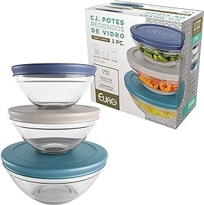 Imagem da oferta Conjunto com 3 Potes de Vidro Redondos com Tampa Plástica coloridas, VDR7093-CO, Euro Home