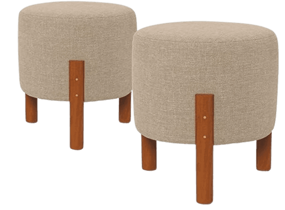 Imagem da oferta Kit 2 Puff Banquinho Redondo Decorativo Thor em Linho Pés Madeira Maciça Cor Bege
