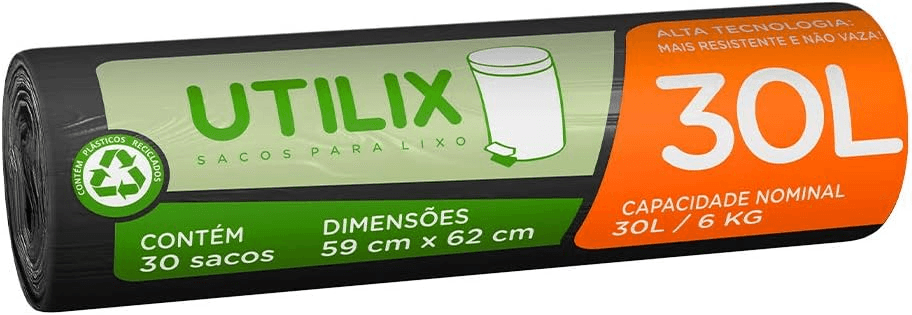Imagem da oferta Utilix 510024312 - Saco Para Lixo, 30 Litros, Preto, Rolo Com 30 Sacos