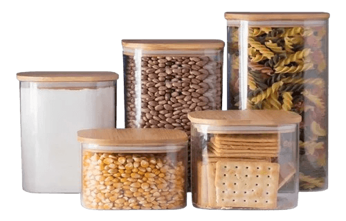 Imagem da oferta Kit 05 Potes Herméticos De Vidro Com Tampa De Bambu E Silicone Recipiente Armazenamento De Alimentos Jogo Porta Mantimentos Temperos Pote De Condimentos Organizador De Cozinha Multifuncional