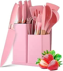 Imagem da oferta Utensilios para Cozinha Silicone Kit com 19 Peças Cabo Madeira Conjunto Completo Espátula Concha Colher Jogo Suporte Faca Antiaderente Tabua Tesoura Faqueiro (ROSA)