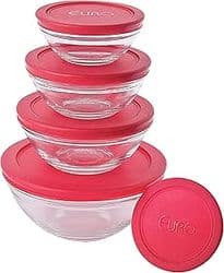Imagem da oferta Euro - Conjunto de Potes de Vidro Redondos com Tampa Plástica, Vermelho, 5 Peças