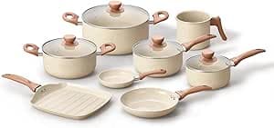 Imagem da oferta Oikos - Jogo com 8 Panelas Antiaderentes de Revestimento Cerâmica com Tampa de Vidro Terrara Bege com 5 Camadas para Fogão a Gás, Elétricos, Cerâmicos e Halogênio