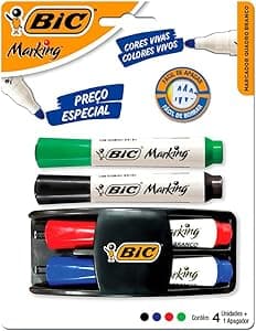 Imagem da oferta Kit 4 Marcadores de Quadro Branco BIC Marking Cores Clássicas + 1 Apagador, Ponta Resistente, Apaga Fácil, 970929