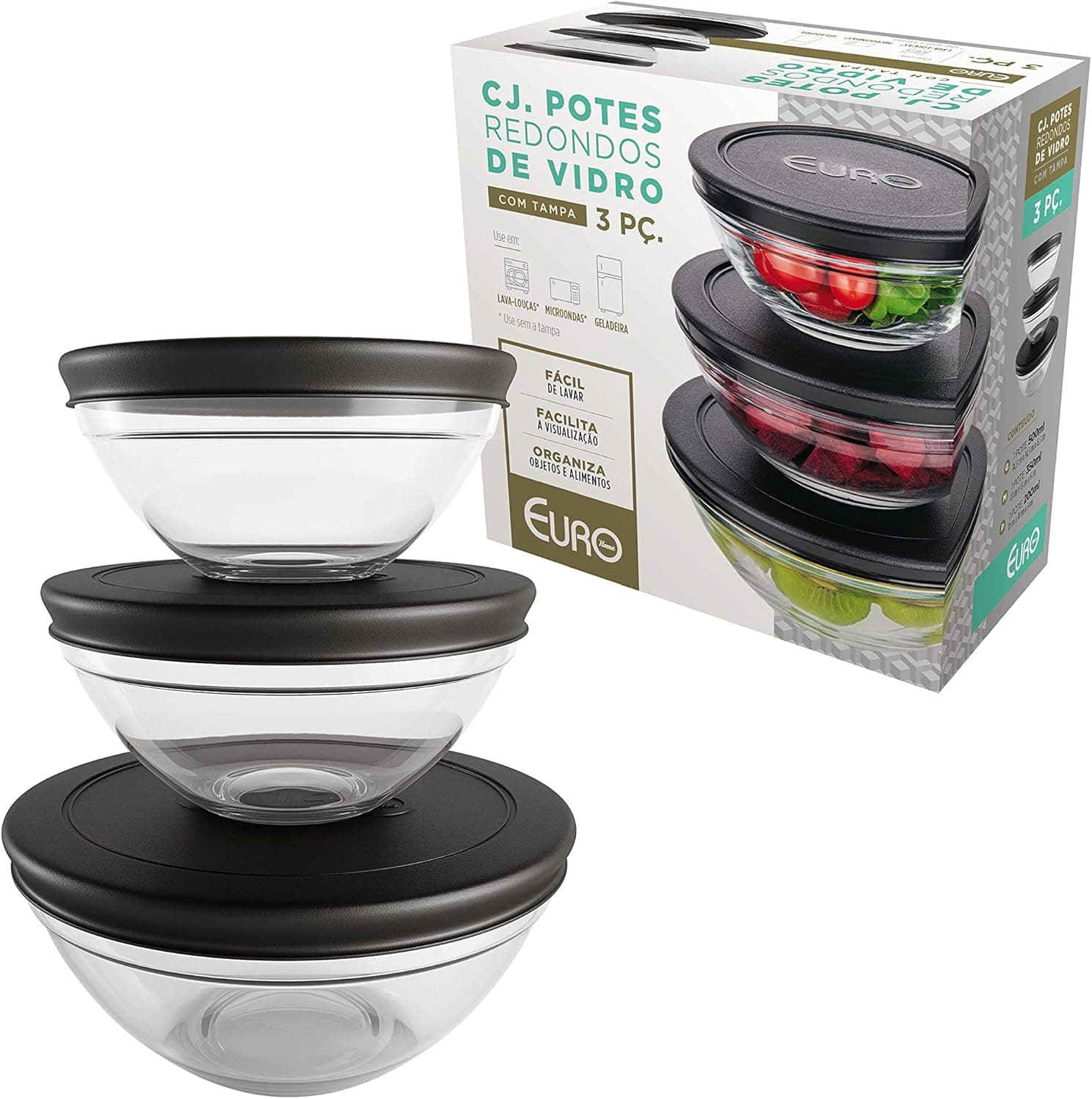 Imagem da oferta Conjunto com 3 Potes de Vidro Redondos com Tampa Plástica preta, VDR7093-PT, Euro Home