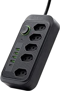 Imagem da oferta Extensão Tomada, Régua Tomada, Régua de Energia, 5 Tomadas, 4 Interfaces USB, 1 Porta USB Tipo-C, Cabo de Alimentação de 1,9 metros, Suporte a Tensão de 110-220V, Potência de 2500W (Preto)