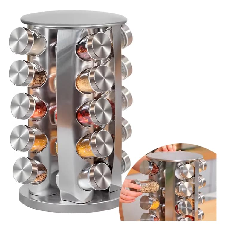 Imagem da oferta Porta Tempero Inox 20 Potes Suporte Giratório Rd+etiquetas