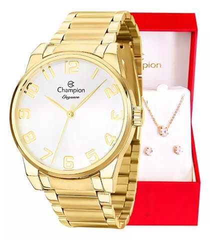 Imagem da oferta Relógio Champion Feminino Dourado Kit Colar Brincos Original Cor Do Fundo Branco3