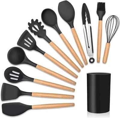 Imagem da oferta Kit 12 Utensílios De Cozinha Em Silicone Cabo De Madeira Resistente ao Calor Antiaderente Premium (Preto)
