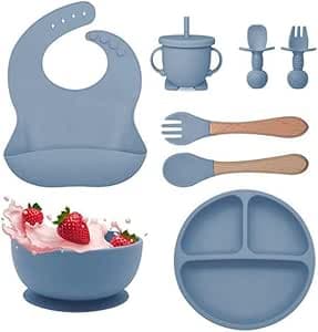 Imagem da oferta Kit Introdução Alimentar Bebe 8 Peças Silicone Iniciação Para Alimentos Livre de BPA Atóxico Antibacteriano Seguro Sem Pontas Colher, Garfo, Copinho, Pote e Pratinho Criança 6 meses (Azul Claro)