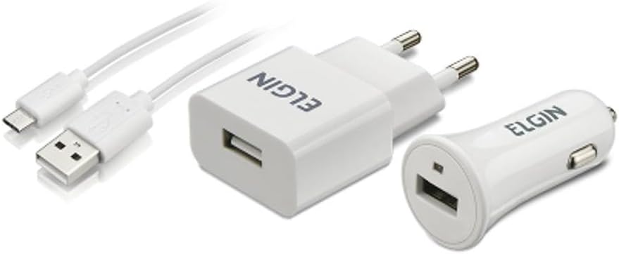 Carregador USB de Tomada + Carregador Veicular 1 Saída 1A 5W + Cabo MicroUSB de 1 Metro Elgin Branco Bivolt