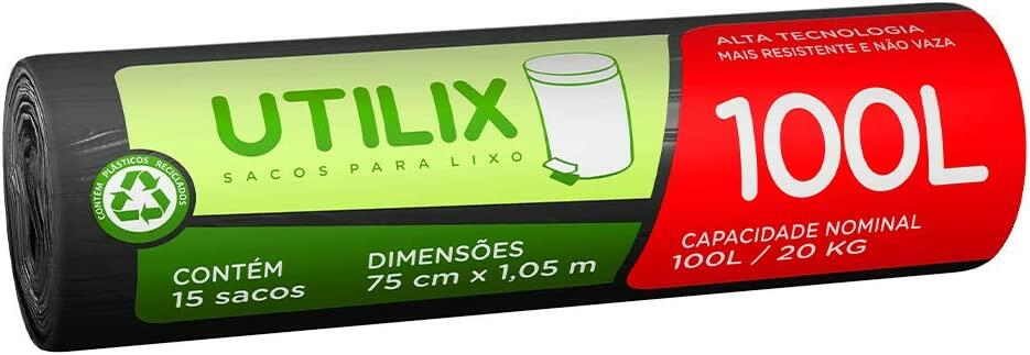 Saco para lixo Utilix, 100 litros, preto, rolo com 15 sacos