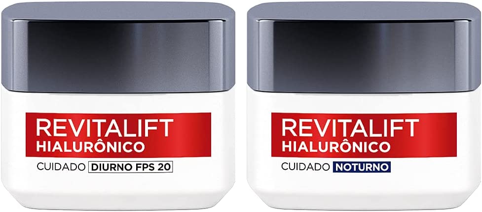 Kit Creme Facial Anti-idade L'Oréal Paris Revitalift Hialurônico Noturno + Diurno FPS 20, 49g