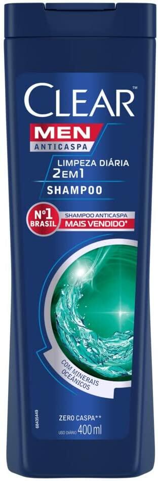 Shampoo Anticaspa Clear Men Limpeza Diária 2 em 1 ou Ice Cool Menthol, 400ml