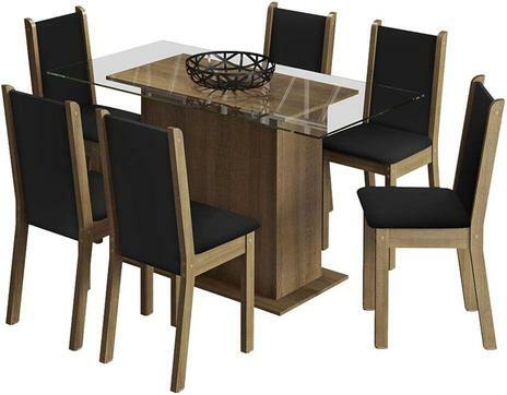 Conjunto Sala de Jantar Madesa Aline Mesa Tampo de Vidro com 6 Cadeiras - Rustic/Preto/Sintético Preto