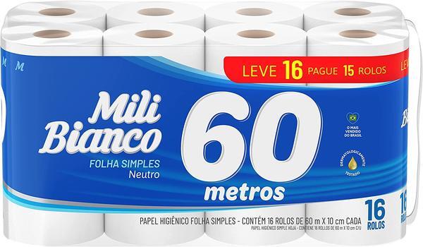 Papel Hig Folha SIMPLES 60m Mili Bianco Neutro L16P15 Pacote com 16 rolos