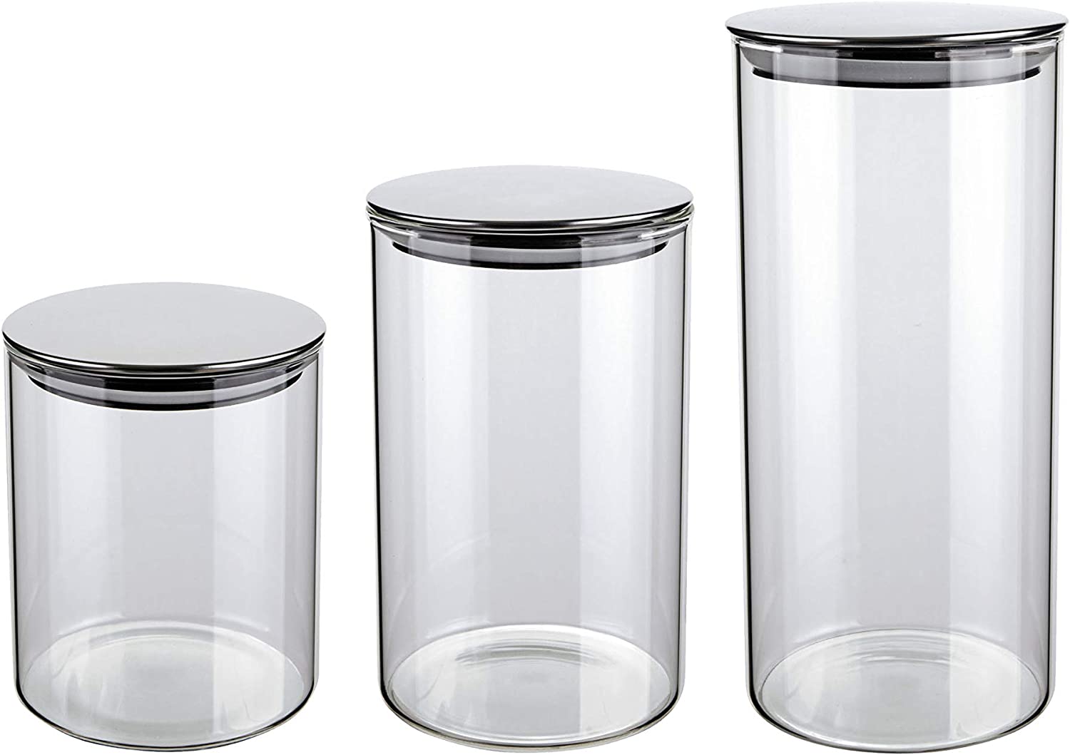 Conjunto com 3 Potes de Vidro transparente Slim com tampa Inox, VDR6866-3, Euro Home