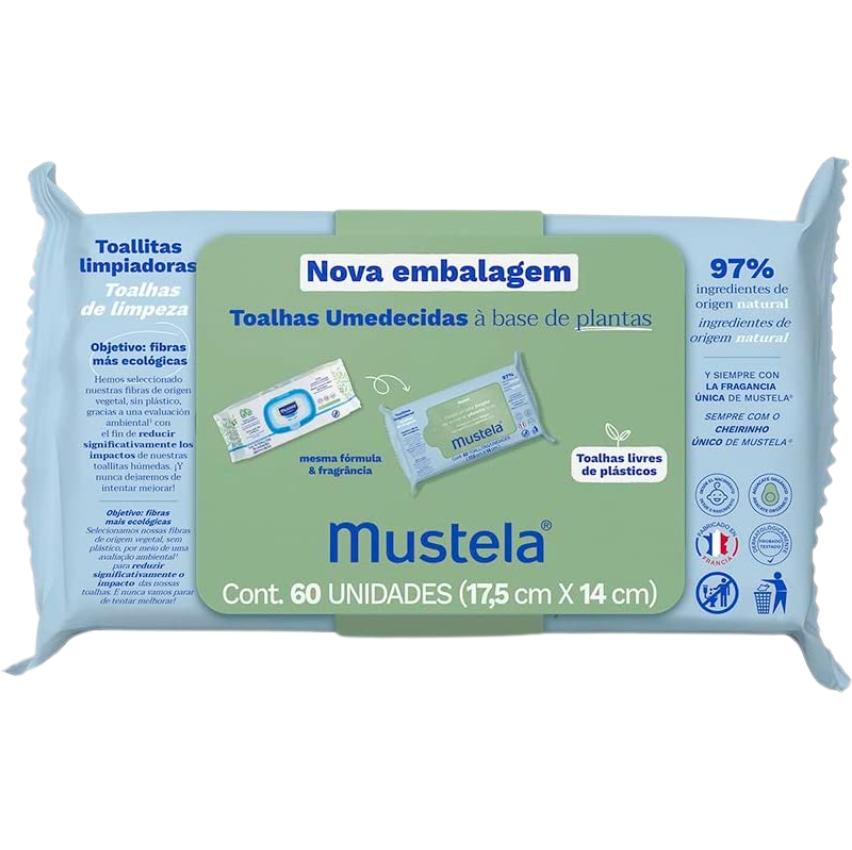 Mustela BR Toalhas Umedecidas à Base de Plantas embalagem com 60 unidades,Lenços Umedecidos Delicadamente Perfumados e Suaves para Higiene do Rosto ao Bumbum - Bebê e Criança, Azul,350.0 grams