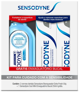 Sensodyne Branqueador Extra Fresh Kit com 2 Cremes Dentais, 50g, Enxaguatório Bucal Coolmint para Dentes Sensíveis, 250ml