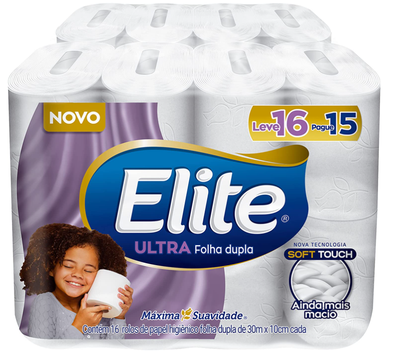 Elite Dualette Ultra - Papel Higiênico, Folha Dupla, 16 rolos