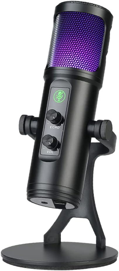 ACAGALA Microfone condensador USB Mic cardioide com luzes coloridas RGB fone de ouvido mudo de um botão monitoramento em tempo real com suporte de microfone de mesa