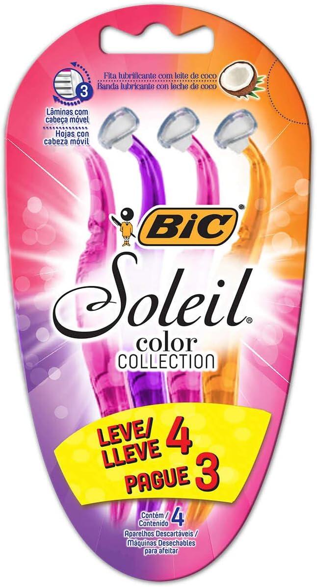 Aparelho de Depilar BIC Soleil Rosa, Roxo e Laranja Leve 4 Pague 3 - 930183 - Dupla Fita Lubrificante com Leite de Coco