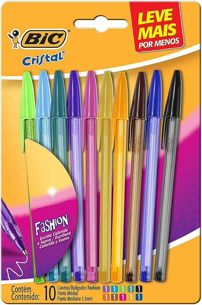 Caneta Esferográfica BIC Cristal Fashion, 10 Cores Vibrantes, Ponta Média de 1.2mm, 930813, Blister 1 Unidade