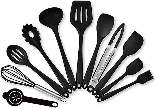 Conjunto de utensílios de cozinha de silicone com 11 peças, resistente ao calor, espátula, colher, escova, batedor. Conjunto de utensílios de cozinha para panelas antiaderentes (sem BPA) (Preto)