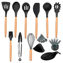 Conjunto de utensílios de silicone antiaderentes com cabos de madeira – Conjunto de utensílios de cozinha de silicone com 13 Peças (Preto)