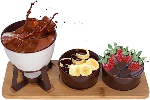 Conjunto Fondue em Cerâmica Redondo 10 Peças Com Base em Bambu 300ml Chocolate Queijo - 3 Velas