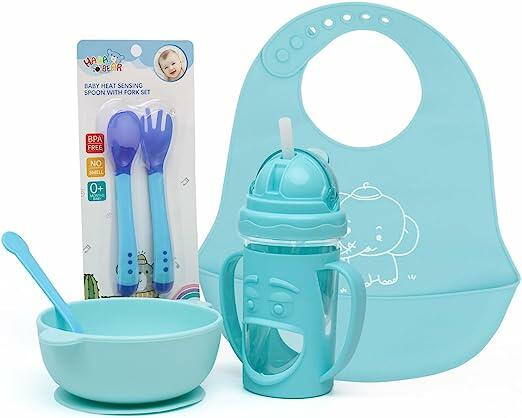 Conjunto Introdução Alimentar Prato Tigela de Silicone Com Ventosa Babador de Silicone Pega Migalhas Copo Antivazamento Kit Antiaderente Impermeável Infantil (AZUL)