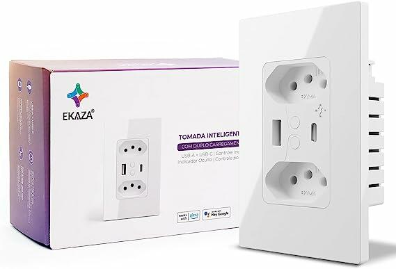 EKAZA Tomada de Parede inteligente Dupla, Com entrada USB + USB-C Type-C, 10A,4x2, Wi-Fi+Bluetooth, 5V 2.1A, compatível com  Assistente e Alexa - T217WB