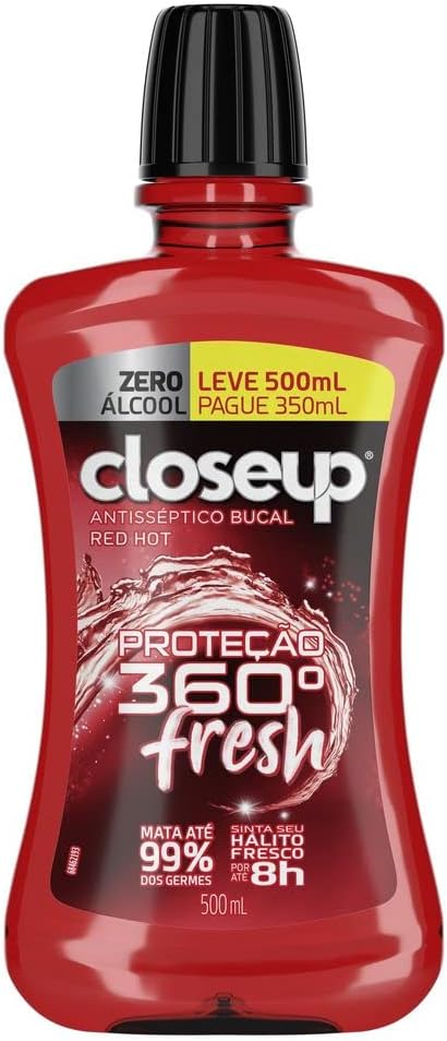 Enxaguante Bucal Antisséptico Zero Álcool Red Hot Closeup Proteção 360° Fresh Frasco Leve 500ml Pague 350ml, Close Up