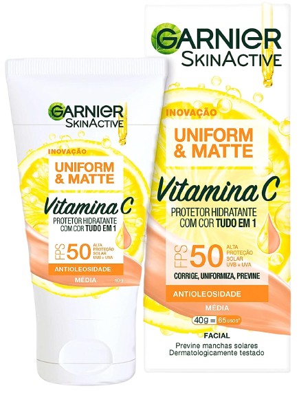 Protetor Hidratante Facial Garnier Uniform & Matte Vitamina C FPS 50 Cor Média, 40g