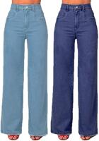 Kit 2 Calças Jeans Retrô Pantalona Wide Leg Cintura Alta Tendencias Azul Claro E Azul Escuro