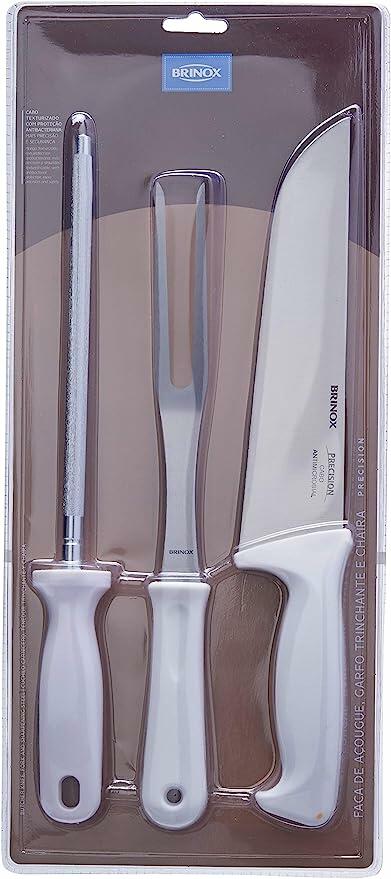 Kit Churrasco Brinox 3 peças, faca, garfo trinchante e chaira, Linha Precision, Branco