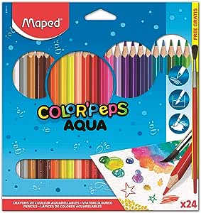 Lápis de Cor Aquarelável + Pincel de Madeira, Maped, Color Peps, 836013, 24 Cores