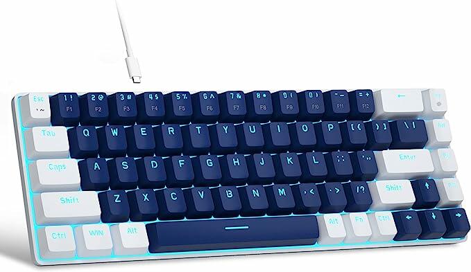 MageGee Teclado portátil 60% mecânico para jogos, MK-Box LED retroiluminado compacto de 68 teclas, mini teclado de escritório com fio com interruptor azul para laptop Windows, PC, Mac - azul/branco