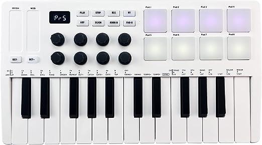 Mingzhe Teclado de Controle Midi de 25 Teclas Mini Teclado Usb Portátil Controlador Midi com 25 Teclas Sensíveis À Velocidade 8 Pads Retroiluminados Rgb 8 Botões