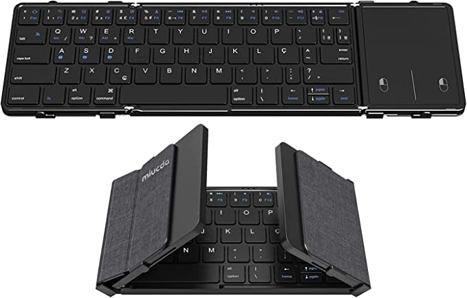 MIUCDA Teclado Dobrável Bluetooth Com Touchpad Padrão Brasileiro 3 Dispositivos Mini Portátil Recarregável Teclado Sem Fio ABNT 64 Teclas Compatível Com iOS Windows Android Tablet Laptop Phone