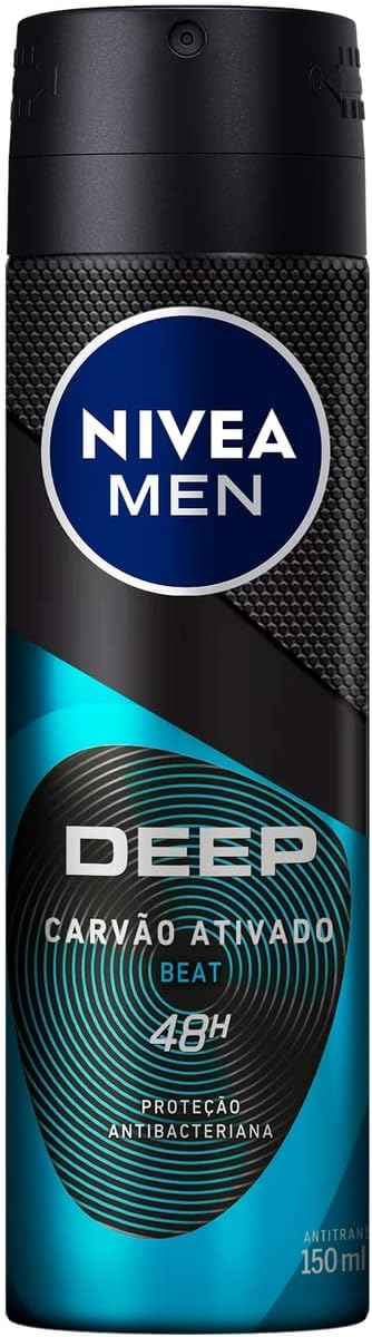 NIVEA MEN Desodorante Antitranspirante Aerossol Deep Beat 150ml - Proteção prolongada de 48h, fórmula com carvão ativado, combate impurezas, antibacteriano, sensação de frescor, fragrância refrescante