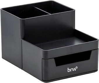 Organizador de Mesa Plástico 4 Divisórias com Gaveta Preto, BRW